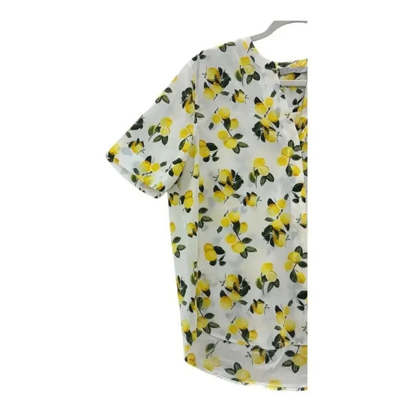 Dalia Womens M White Yellow Hi Low Lemons Popover Top Blouse Roll Tab Sleeve - Picture 2 of 7